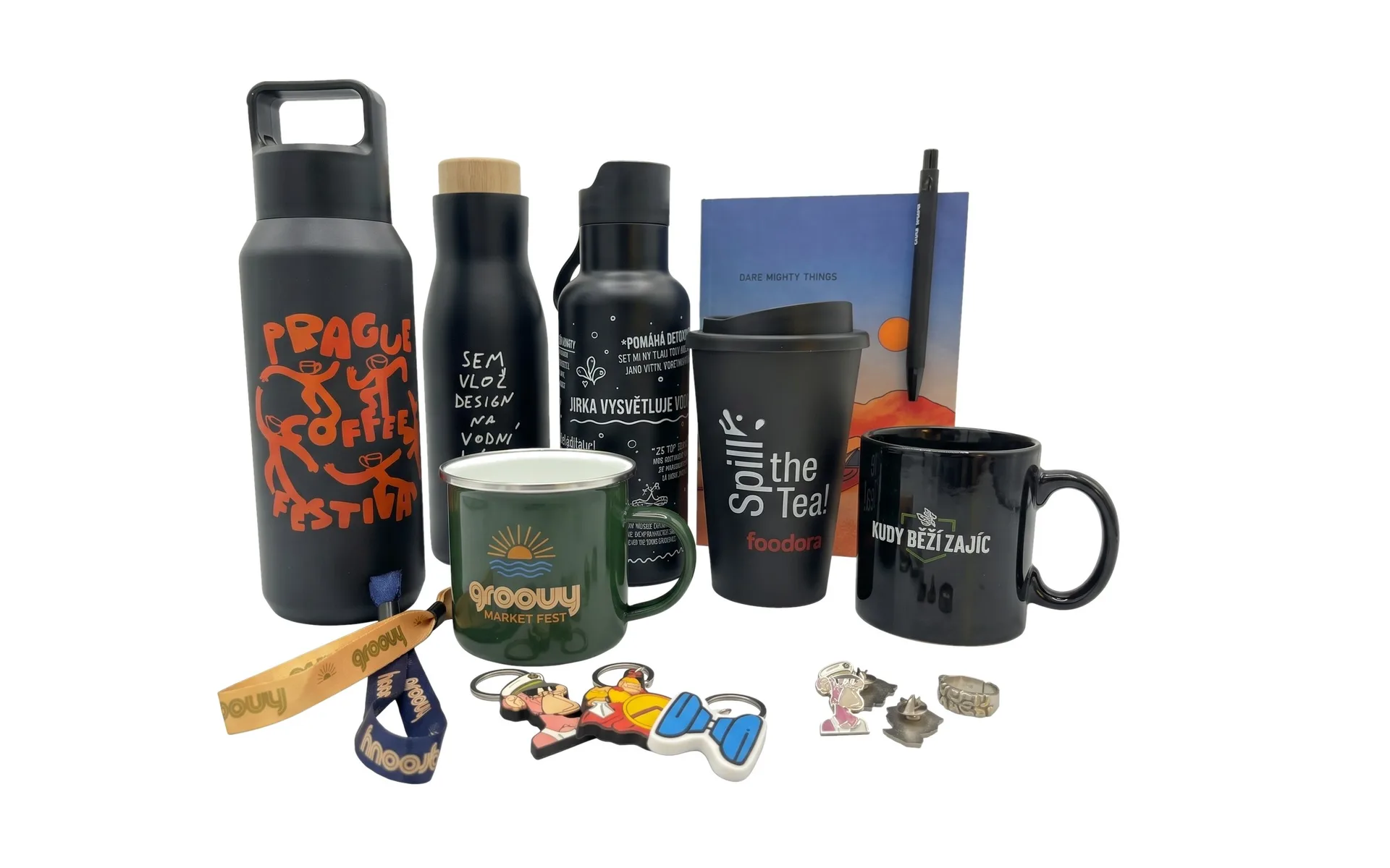 Printed bottles, mugs, a travel mug, a notebook, keyrings and pins