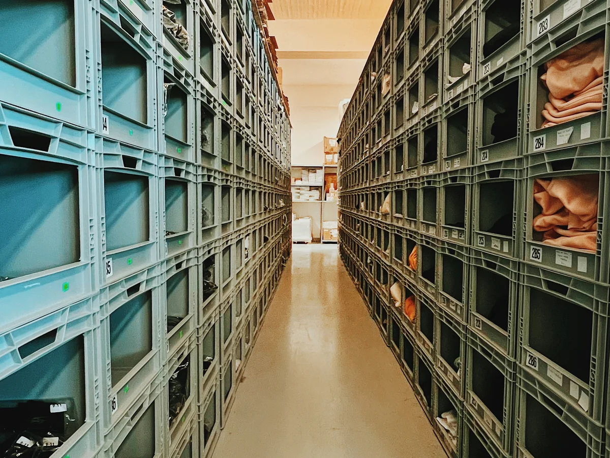 Our warehouse with numbered crates, where orders ship from
