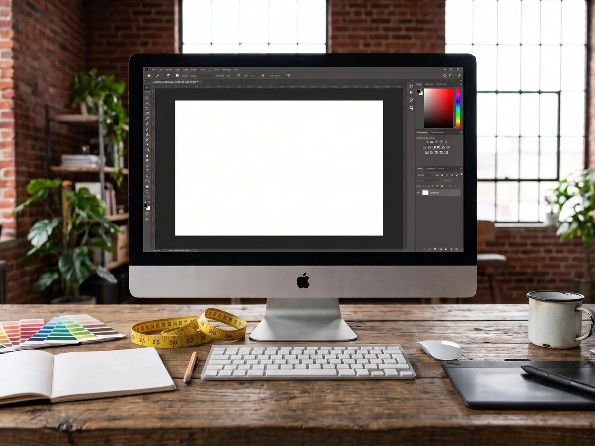 A design desk with a monitor, colour swatches and a drawing tablet
